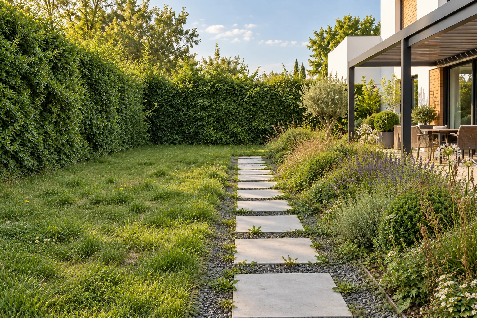 Avant intervention : haute pelouse irrégulière, haie de conifères envahissante et massif fleuri peu entretenu le long d’une maison contemporaine