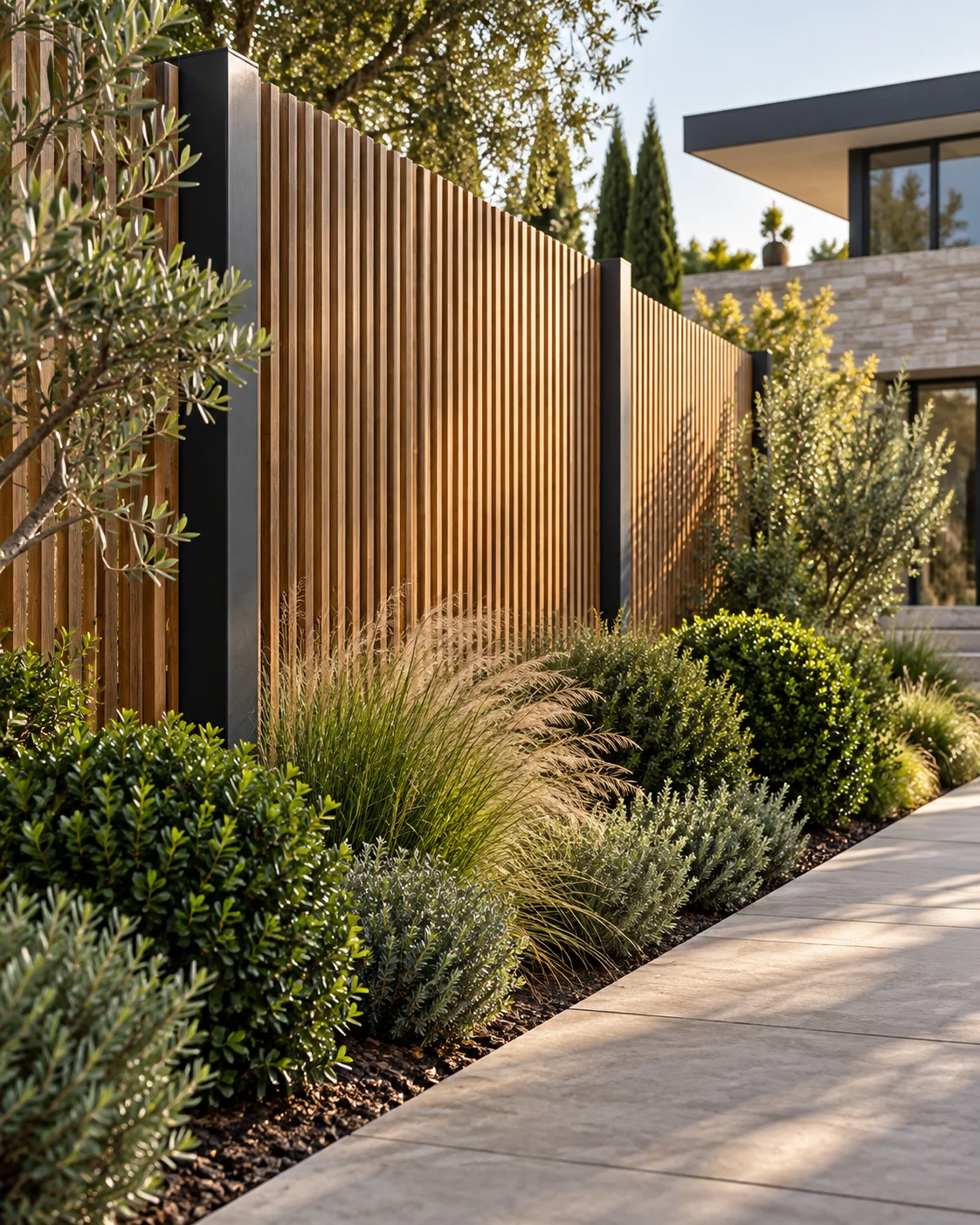Claustra contemporain en lames de bois et poteaux anthracite intégré au jardin