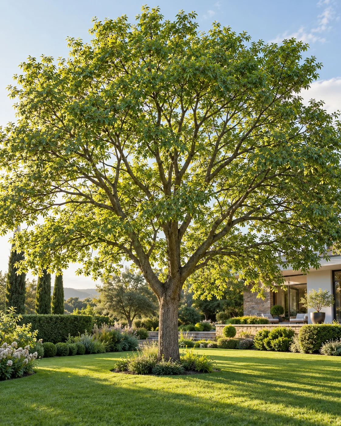 Arbre mature à la couronne équilibrée après un élagage léger dans un jardin paysager
