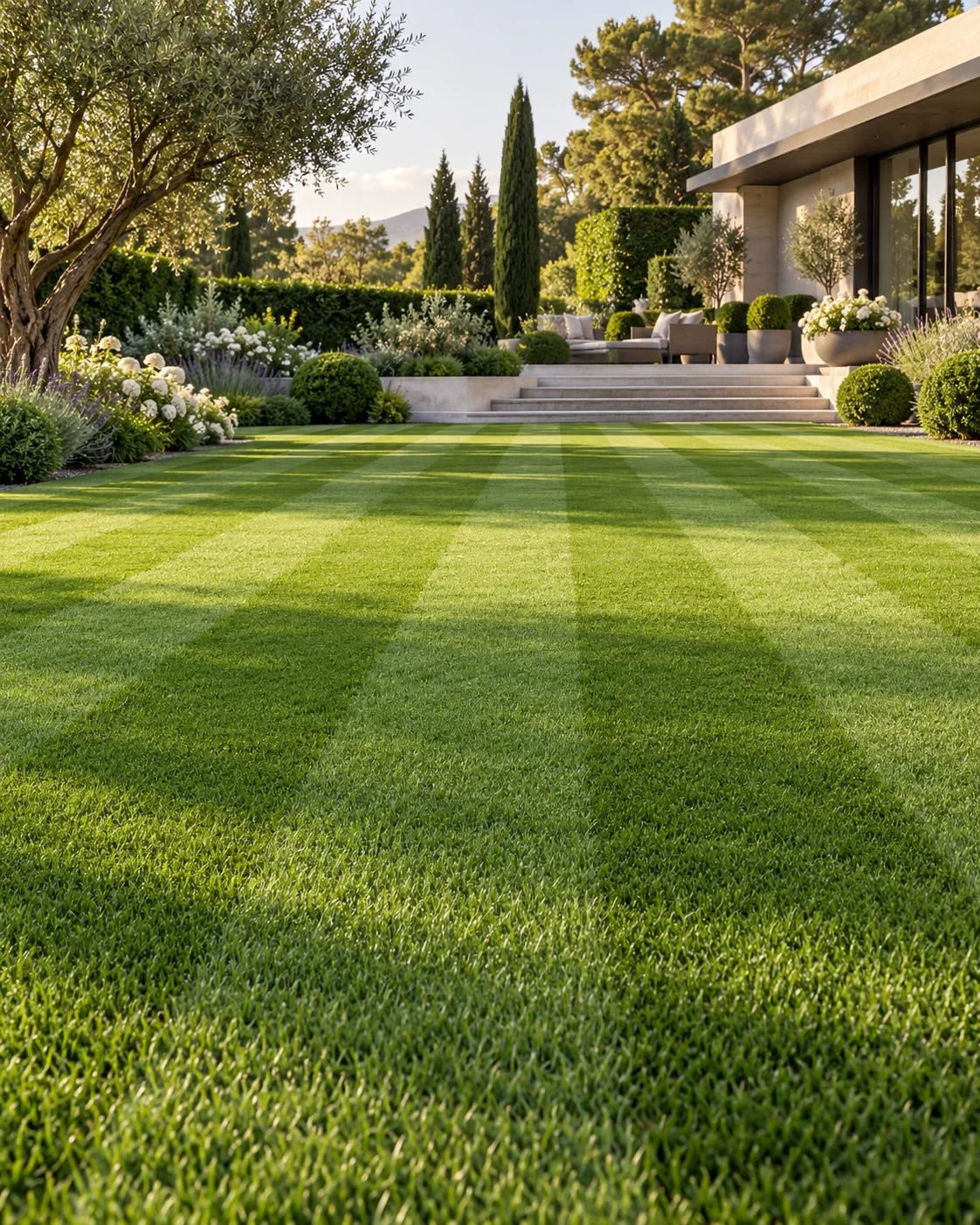 Pelouse parfaitement entretenue avec des bandes de tonte régulières dans un jardin haut de gamme