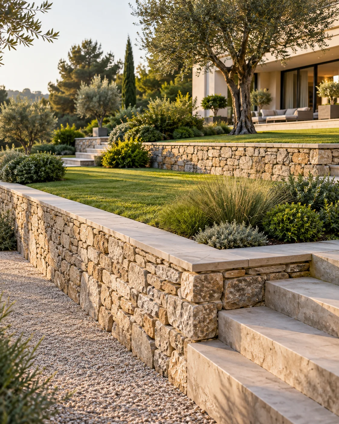 Murets paysagers en pierre naturelle structurant les niveaux d’un jardin contemporain