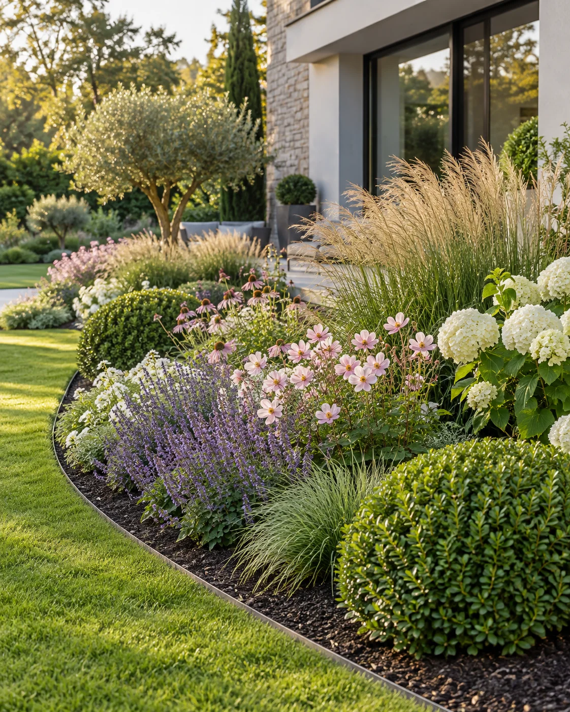 Massif paysager fleuri composé de vivaces, graminées et arbustes dans un jardin contemporain