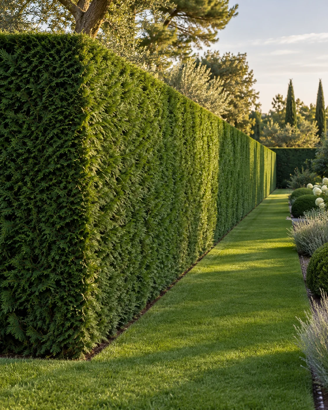 Longue haie de conifères dense et parfaitement taillée dans un jardin soigné