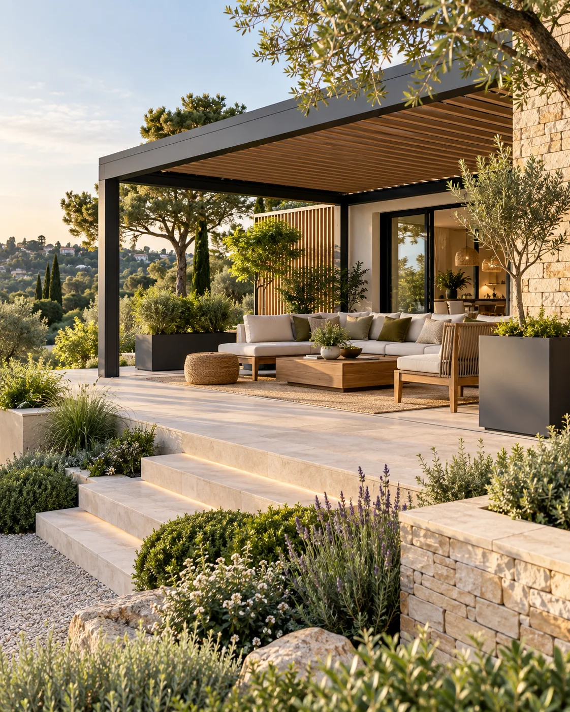 Terrasse contemporaine en pierre et bois aménagée sous une pergola élégante