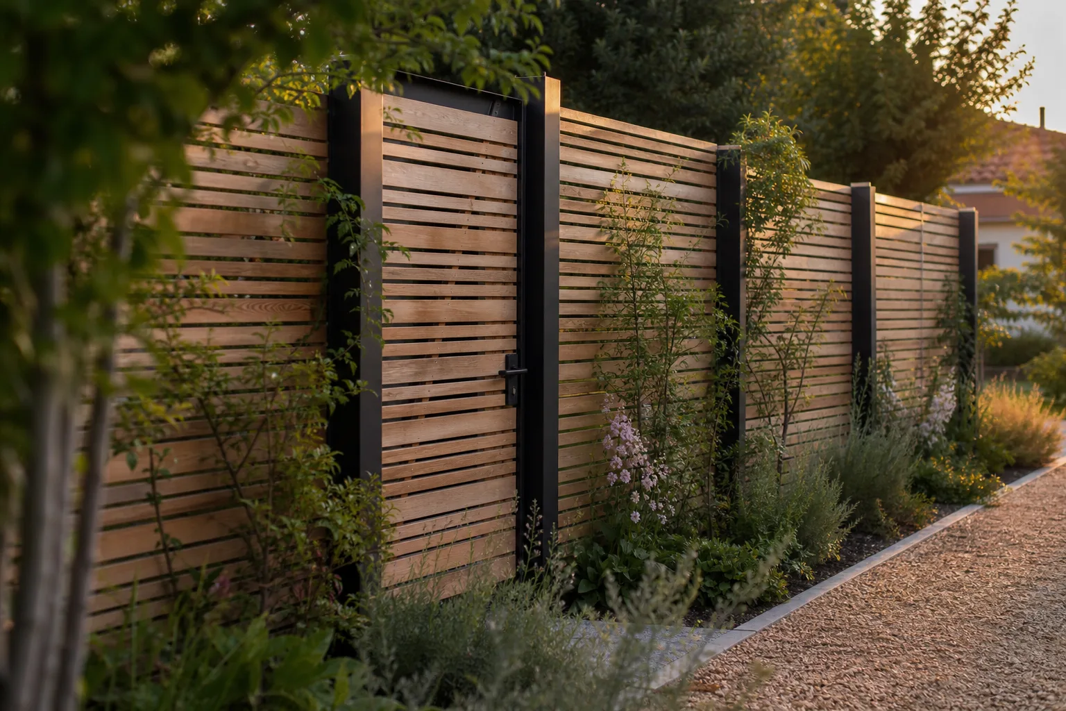 Clôture en bois ajourée et plantations dans un jardin au Coteau