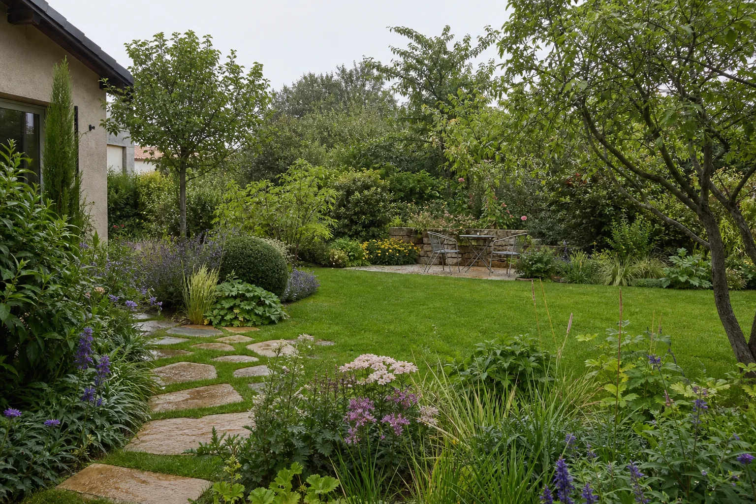 Jardin familial paysager avec pelouse, massifs fleuris et chemin en pierre près de Roanne
