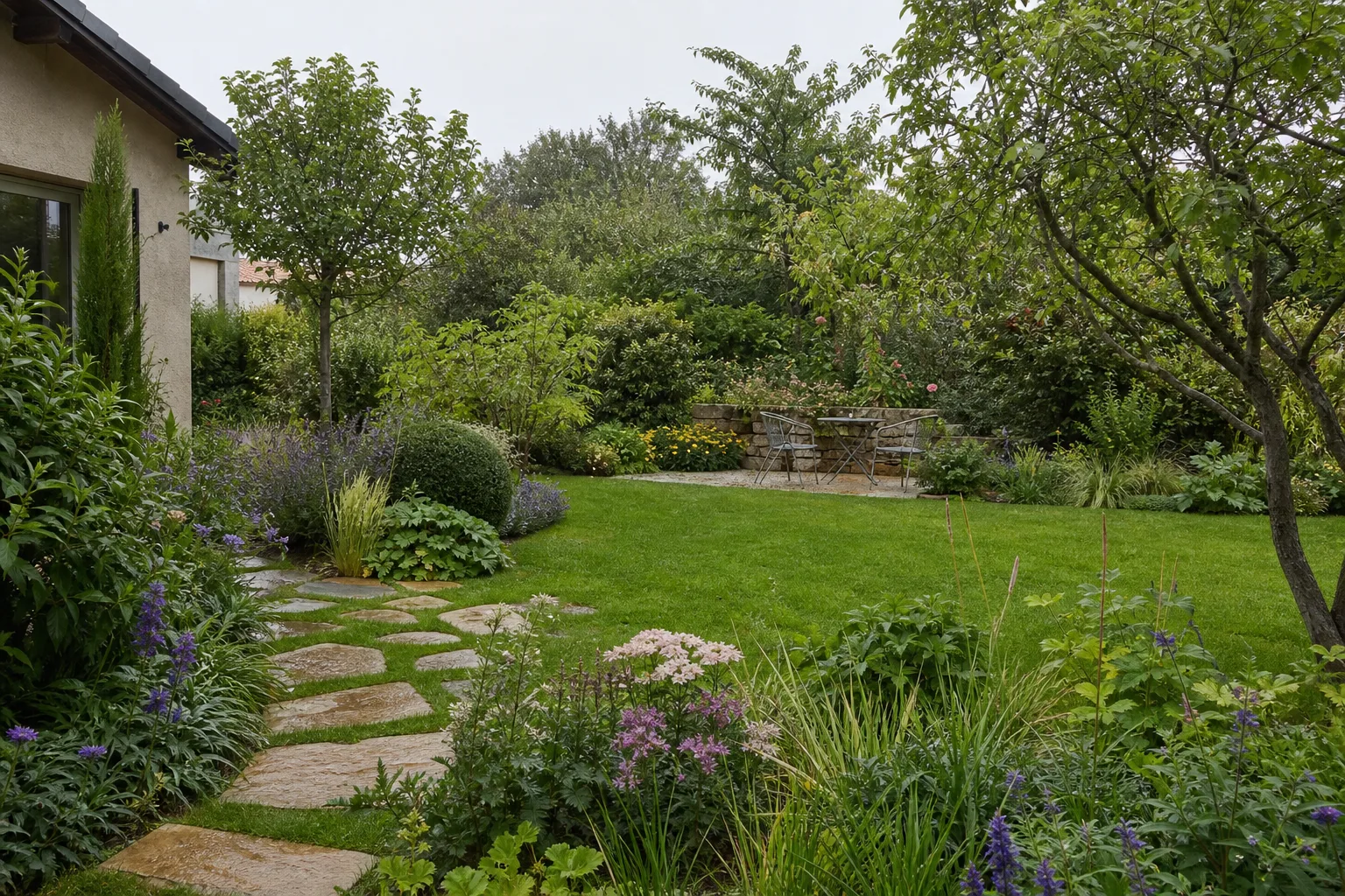 Jardin paysager familial avec pelouse et massifs fleuris à Roanne