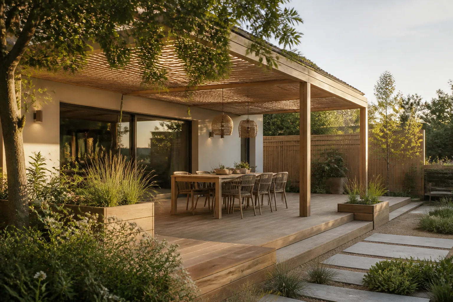 Terrasse en bois et pergola aménagées pour une maison familiale à Riorges
